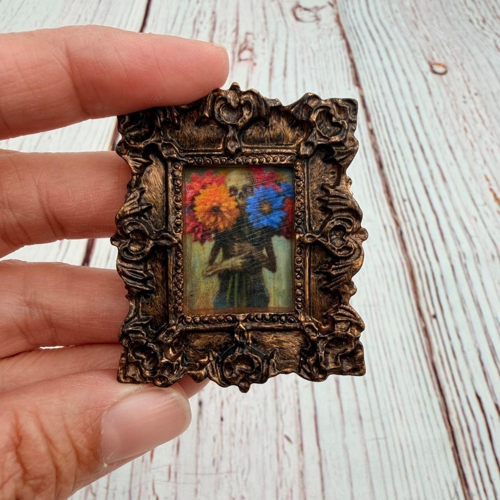 Miniature Skull Flower Art Magnet Ornate Baroque Frame Gothic Decor
